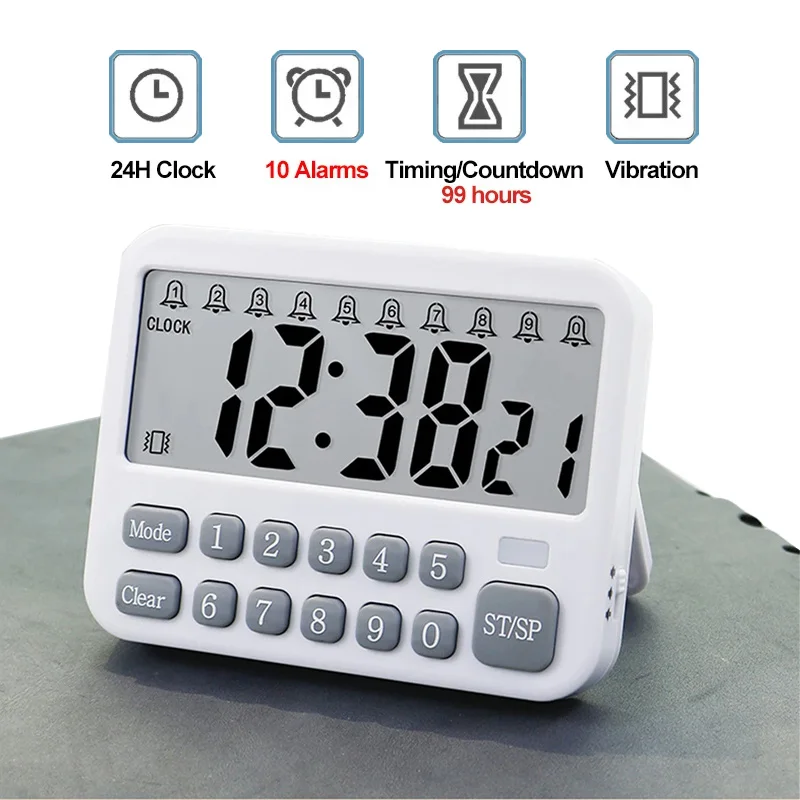 Digital Kitchen Timer 10-Alarms Clocks 99 Hours Countdown Mute/Vibration Magnetic Alarm Clock Table Timers for Cooking Studying