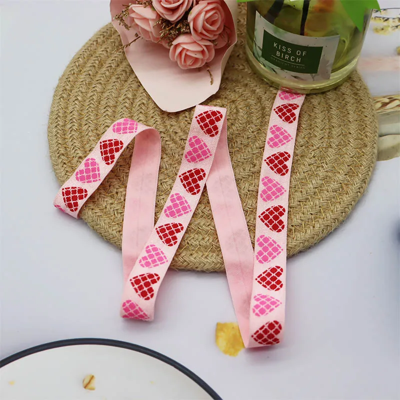 Top Quality 5/8'' 15mm Clover Heart Printed FOE Fold Over Elastic Ribbon For Valentine 100Yards