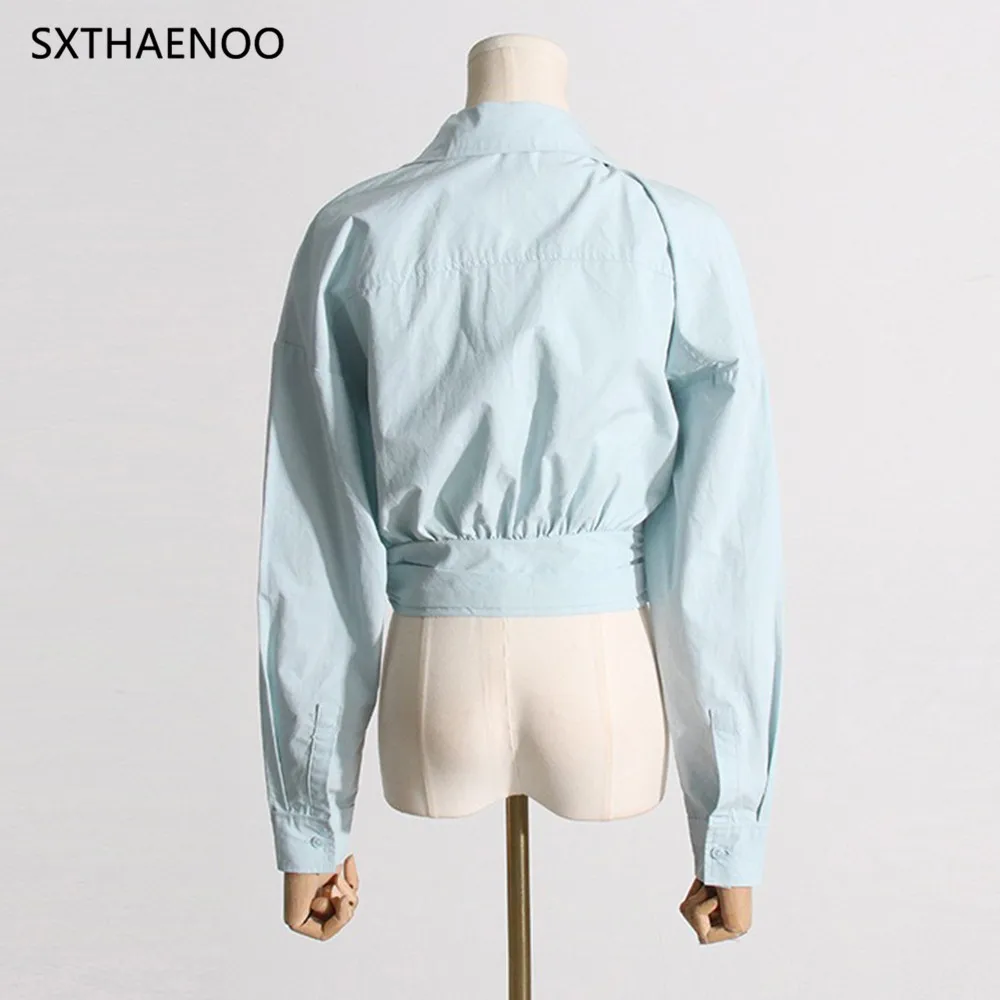 SXTHAENOO Solid Irregular Designer Blouses For Women Lapel Long Sleeve Patchwork Button Casual Blouse Female Fashion Clothing