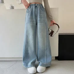 Teenage Girls Pants Fashion Spliced Design Floor Jeans Trousers Kids Wide-leg Denim Pants for 5 7 9 11 13 Years Children Bottoms