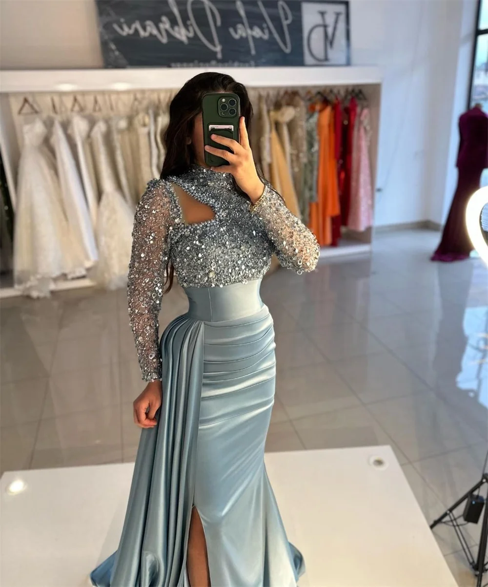 Amanda Glitter Top Party Dresses Mermaid Satin vestidos de fiesta Elegant Long Sleeves Side Split Sweep Train فساتين سهرة 2024