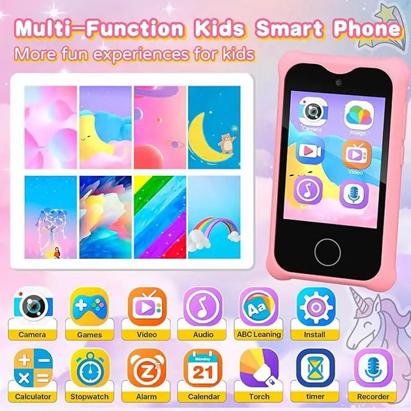 Digital Camera Kids Smart Phone MP3 Player Camera Toys Touchscreen Unicorn Baby Mobile Educational Toys for Girls Boys Age 3-8