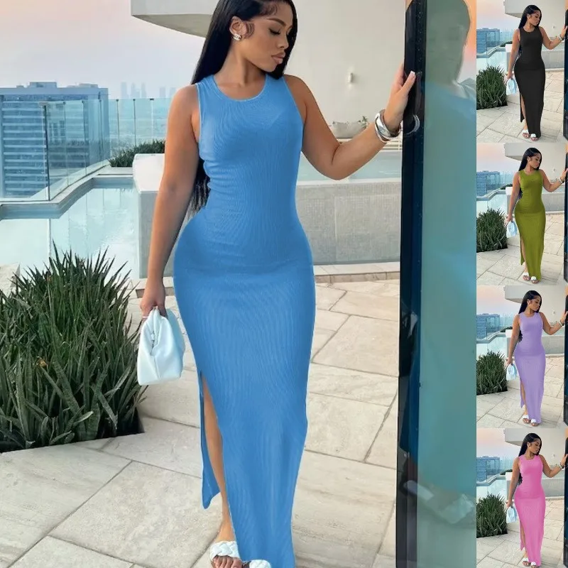 Abiti lunghi da donna sexy Abito estivo casual senza maniche con gilet Abito aderente da festa con spacco alto Abito tinta unita Femme