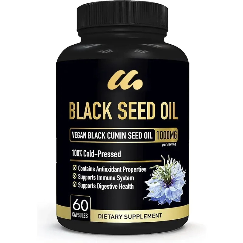 Integratore di olio di semi neri - Olio di comino di semi neri pressati a freddo di alta qualità fondente di semi di Nigella Sativa, non OGM