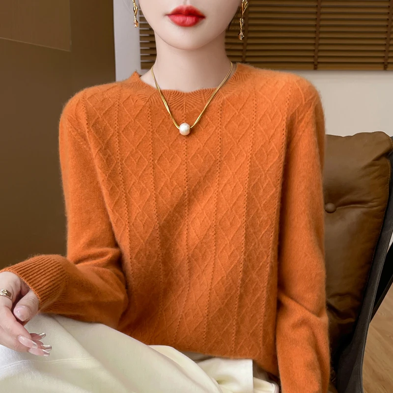 Autumn and winter new women\'s sweater 100% wool O-neck solid color long sleeve loose fashion cashmere knit top pullover.