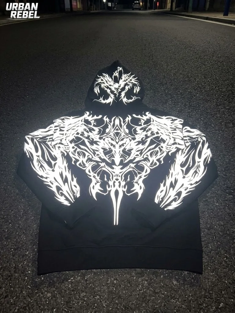Reflective Motorcycle Hoodie Set Reflective Graphic Oversized Urban Rebel Casual Daily Night Streetwear Hoodie Tops Y2k Biker