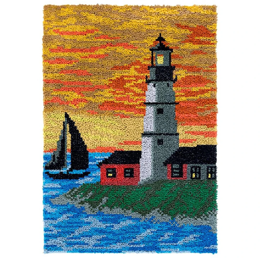 

Large Size Lighthouse Latch hook rug kits with Preprinted Canvas Pattern Embroidered Tapesty do it yourself Doormat 27"x40"