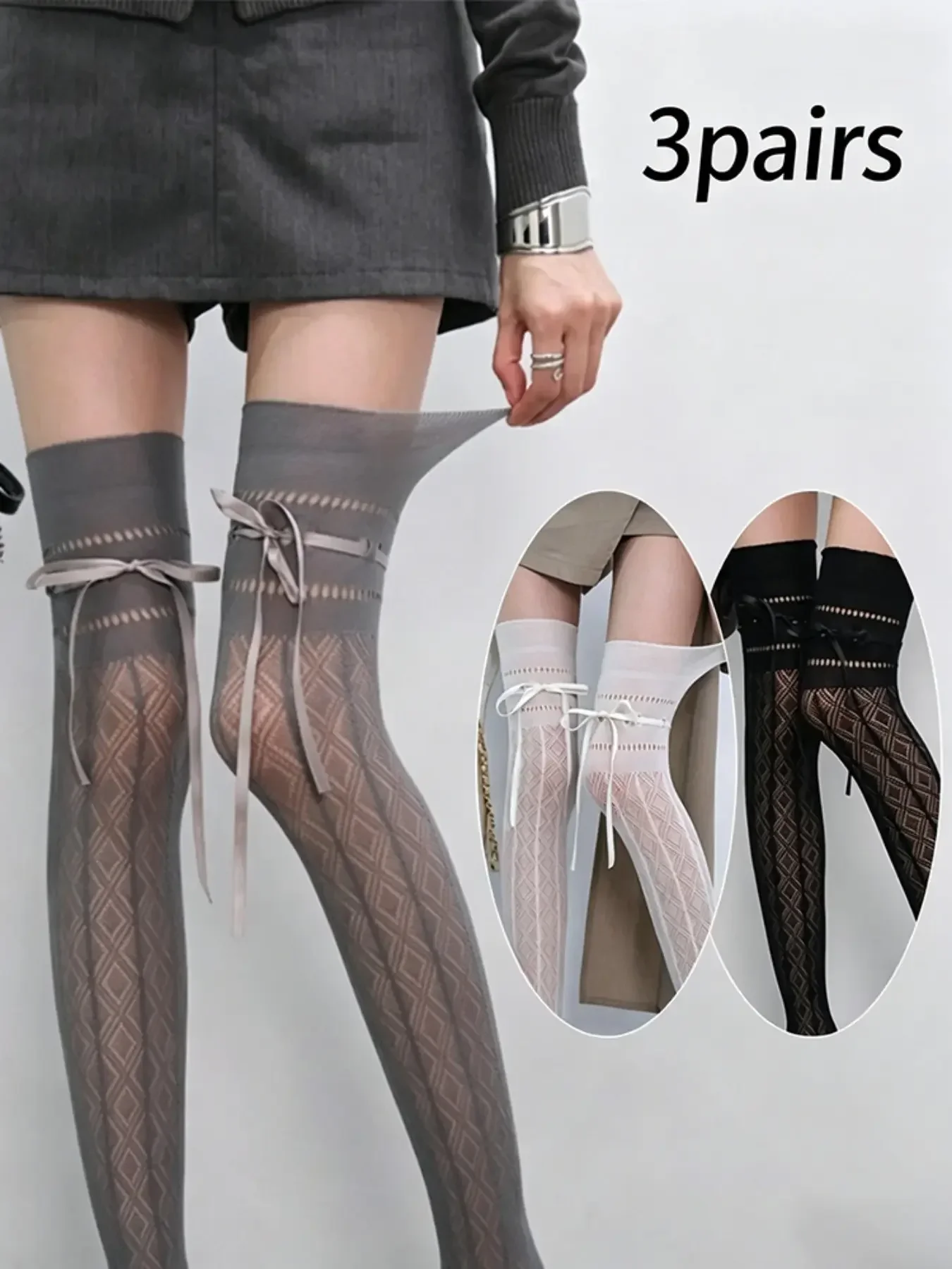 3 Pairs Women's Fashion Cute Bowknot Lace Thigh High Stockings, Thin Socks, Beautiful Diamond Pattern, Perfect for Lolita and Jk Styles, Floral Design, Fit