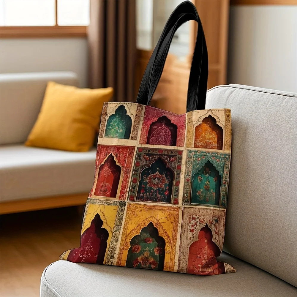 1個 イスラム教モスクプリントトートバッグ - 頑丈なポリエステルキャンバス、アラビアのアーチとイスラム美術デザイン、レッド/ゴールデン/グリーン/ブラック