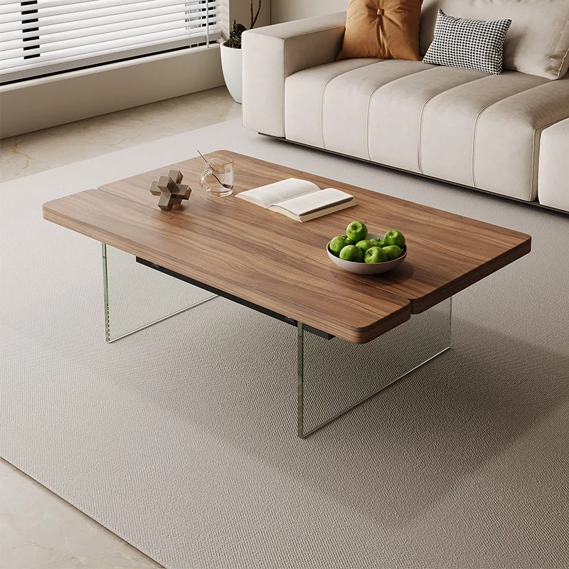 

Italian light luxury lifting small apartment living room household walnut grain solid wood glass designer coffee table dual-purp