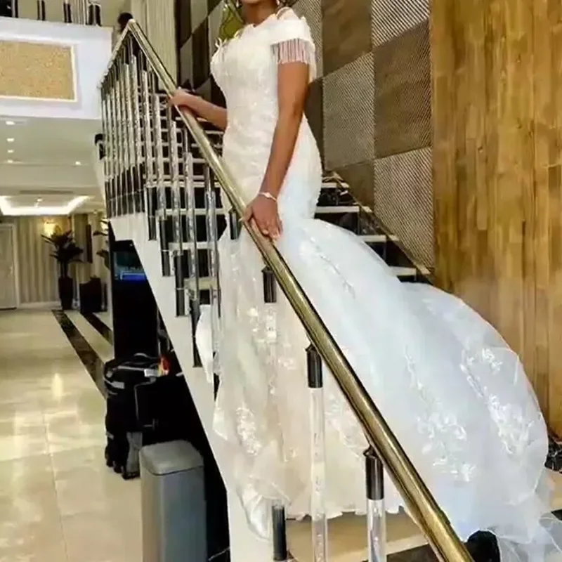 Customized Beautiful Square Neck Appliques Beads Wedding Dress Chapel Train Plus Size Cap Sleeves Tassels Church Bridal Gown