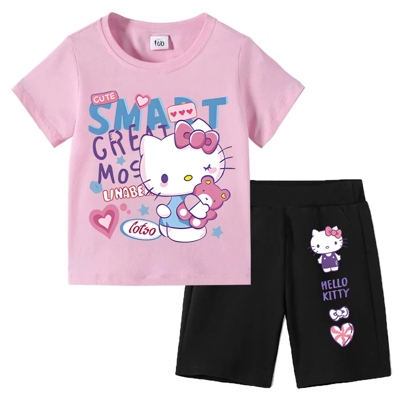 

Детские комплекты Sanrio, летняя одежда с принтом «Hello Kitty», детская футболка с короткими рукавами и шорты для девочек, модные повседневные топы, комплект