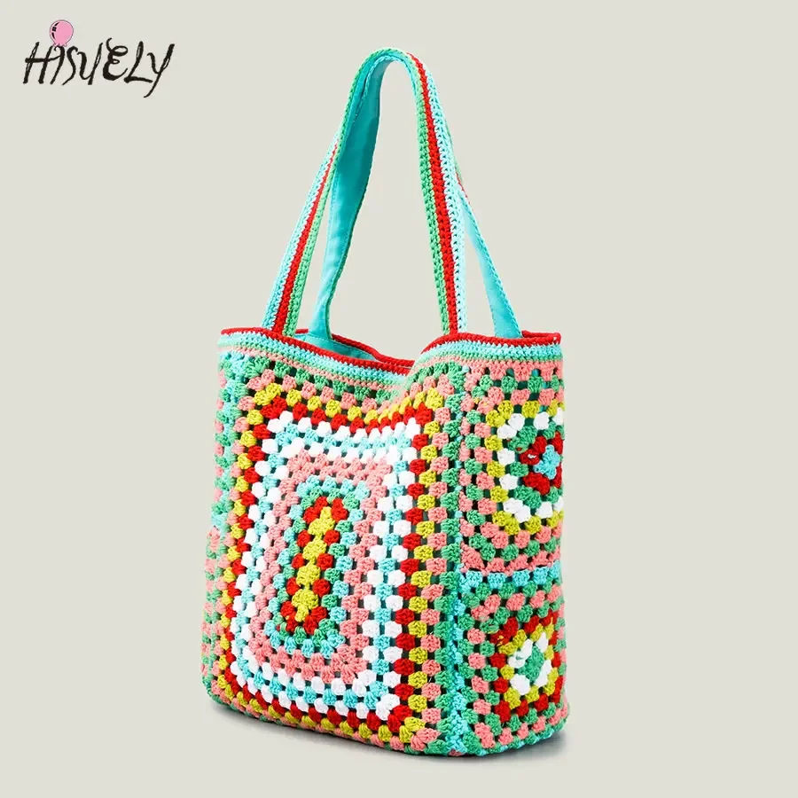 Bohemian Crochet Women Shoulder Bags Knitting Large Capacity Tote Bag Casual Lady Handbags Big Shopper Purses Summer Beach Bags