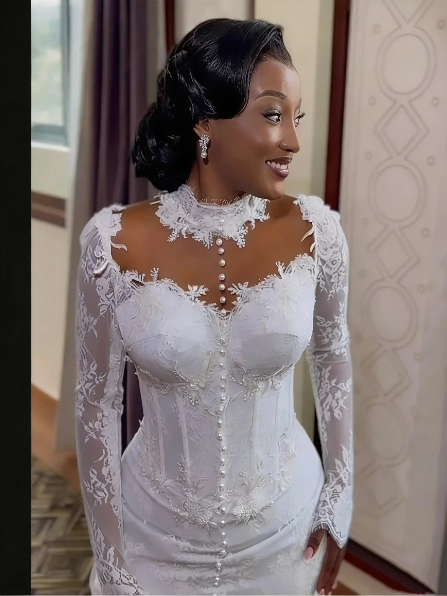 Elegante abito da sposa da donna africano con perle di pizzo bianco a sirena Abito da sposa sexy con collo alto e maniche lunghe personalizzato
