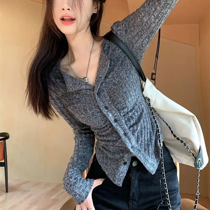 

Hotsweet Slim Knitted T-shirt Female Clothing Solid Color Basic Spring Autumn Stylish Folds Lapel Commute Long Sleeve Pullovers