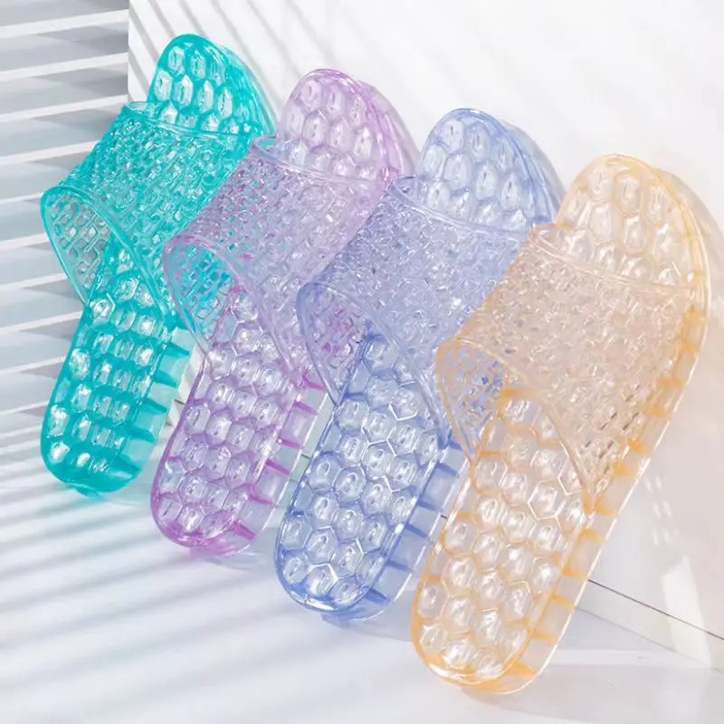 2024 New Women\'s Summer Transparent Crystal One Word Flat Sole Slipper Soft Sole Non Slip Home Slipper Bathroom Slipper