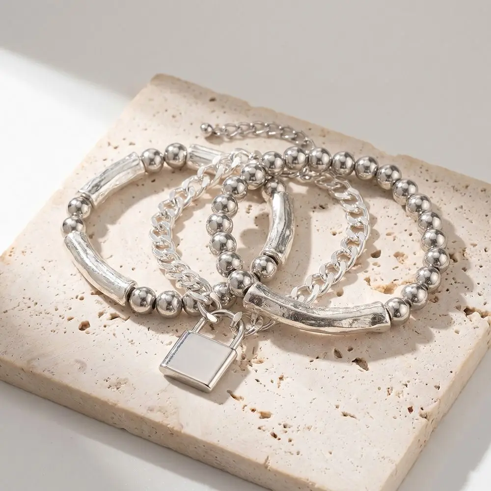 3PCS Retro Style Lock Bracelet Minimalist Design Exaggerated Punk Style Charm Bracelet Three in One Set Elastic Band