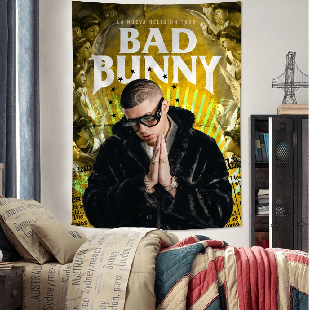 

Music Singer Bad-Bunny Cartoon Tapestry Hippie Flower Wall Carpets Dorm Decor Art Home Decor