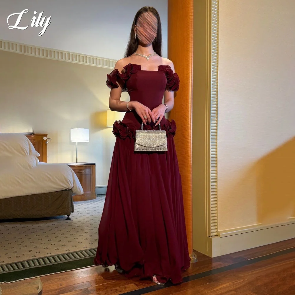 

Lily Burgundy Elegant Prom Dress Gown Off the Shoulder A-Line Ruched Evening Dresses Satin Formal Party Gowns Dubai Customized