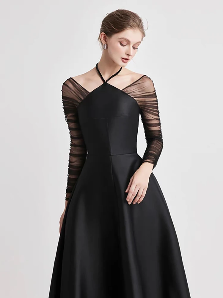 DEAT-vestido de noche con cuello Halter para mujer, traje de malla de manga larga, Espalda descubierta, retracción de cintura, cremallera, ajustado,