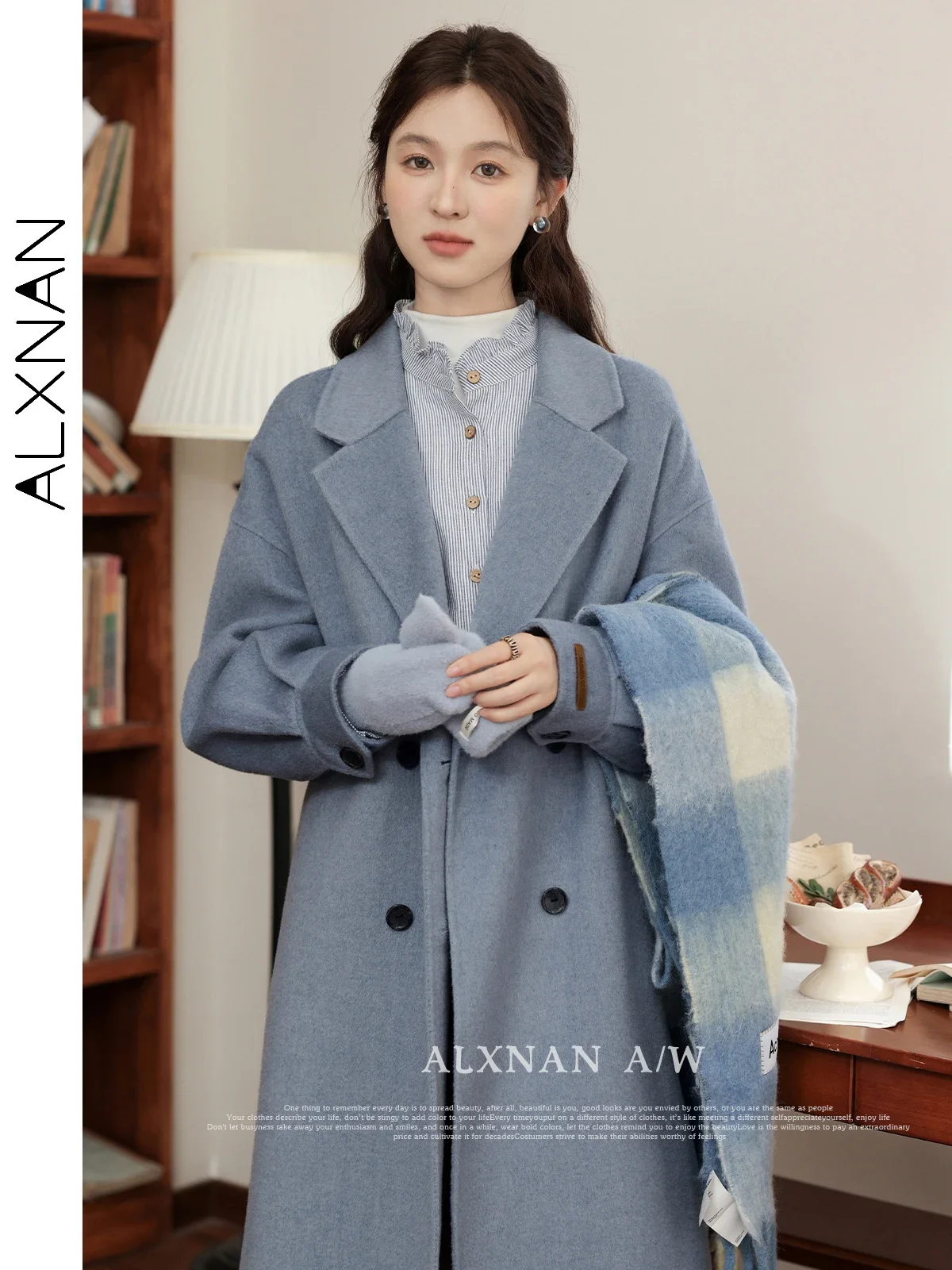 ALXNAN Women's Wool Blends Coat Korean Style Double-breasted Lapel Collar Mid-length Autumn Winter 2024  Commuter Coat LXN32335