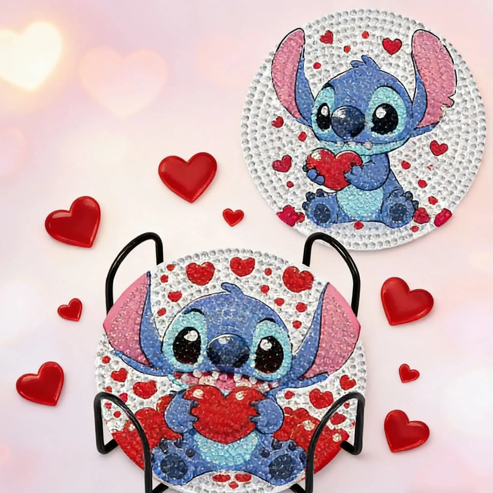 

2026 Hot Purple Alien DIY Rhinestone Coaster Set with Holder Slip Resistant Cute Cartoon Home Decor Gift