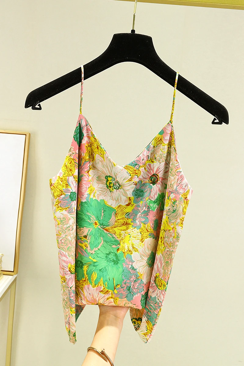 2022 New Floral Print Halter Vest Female High Quality Satin Soft Sexy Tank Top Camisole Feminine