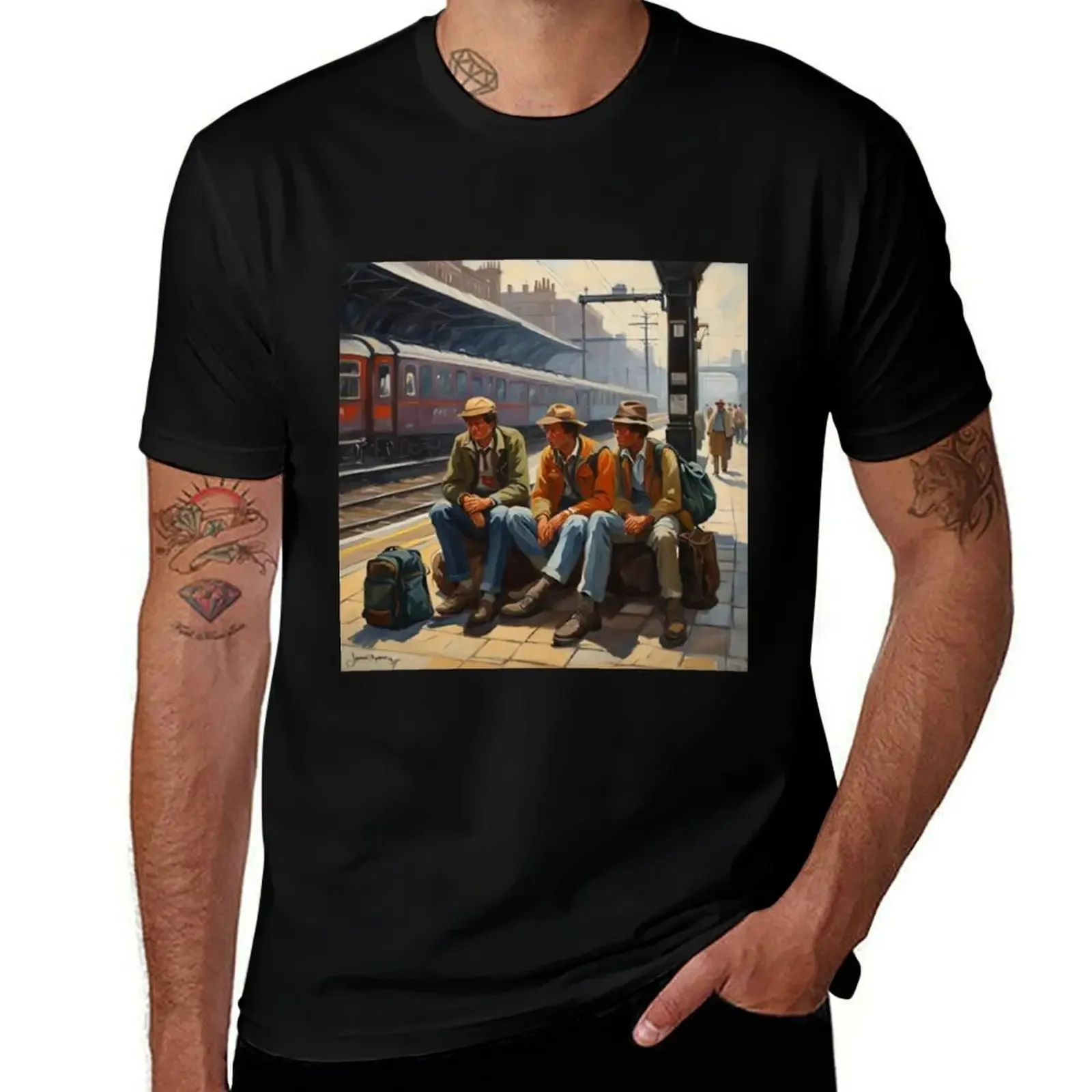 Young backpackers wait for their train at a station in England - 1960s T-Shirt graphics summer top Men's clothing