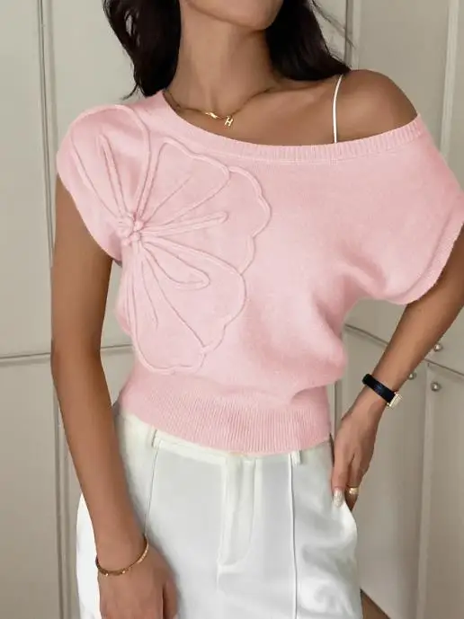 

Y2K Spicy Girl High End Short Sleeved T-Shirt Summer Fashion Personality Niche Slant Collar Jacquard Knitted Short Sleeved Top