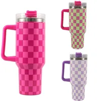 1200ml 40Oz Stainless Steel Mug Coffee Cup Thermal Travel Car Auto Mugs Thermos Tumbler with Handle Chessboard  Chequer Fashion