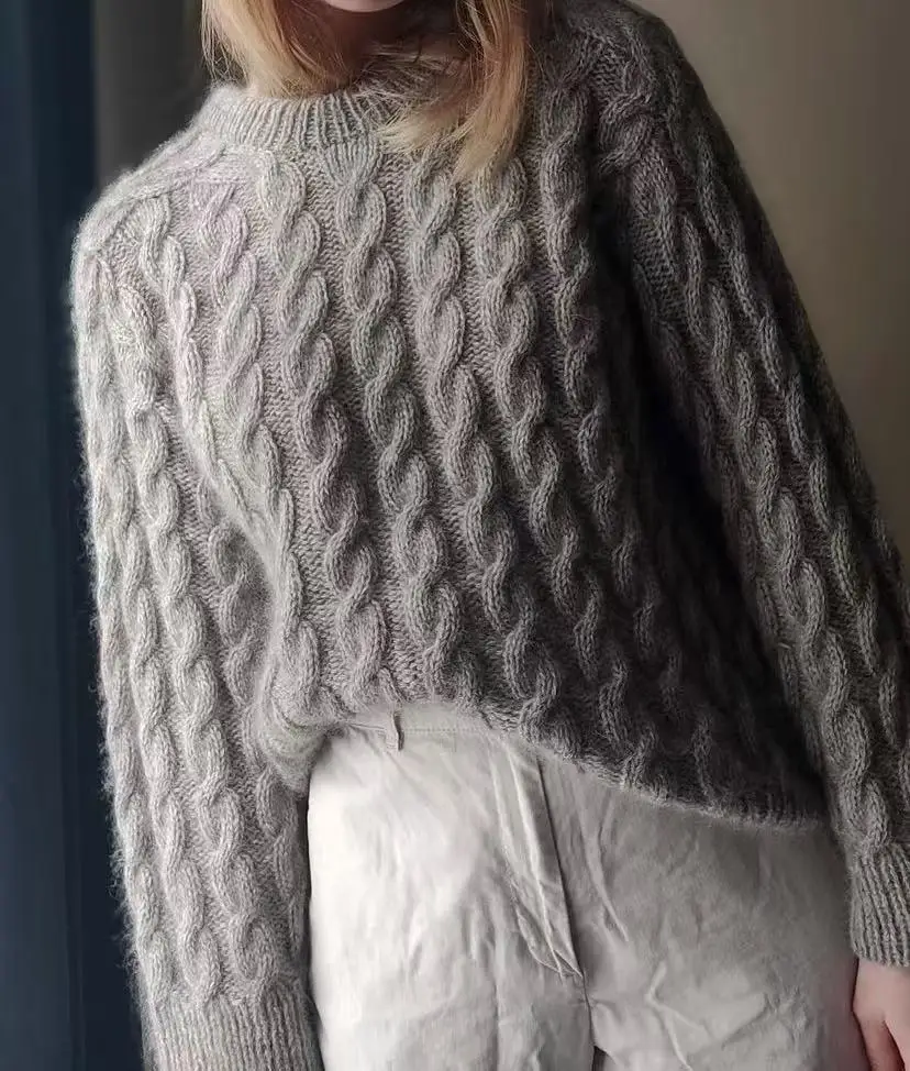 Exquisite hand woven textured round neck sweater with fashionable craftsmanship, long sleeved casual wool mohair sweater, new st