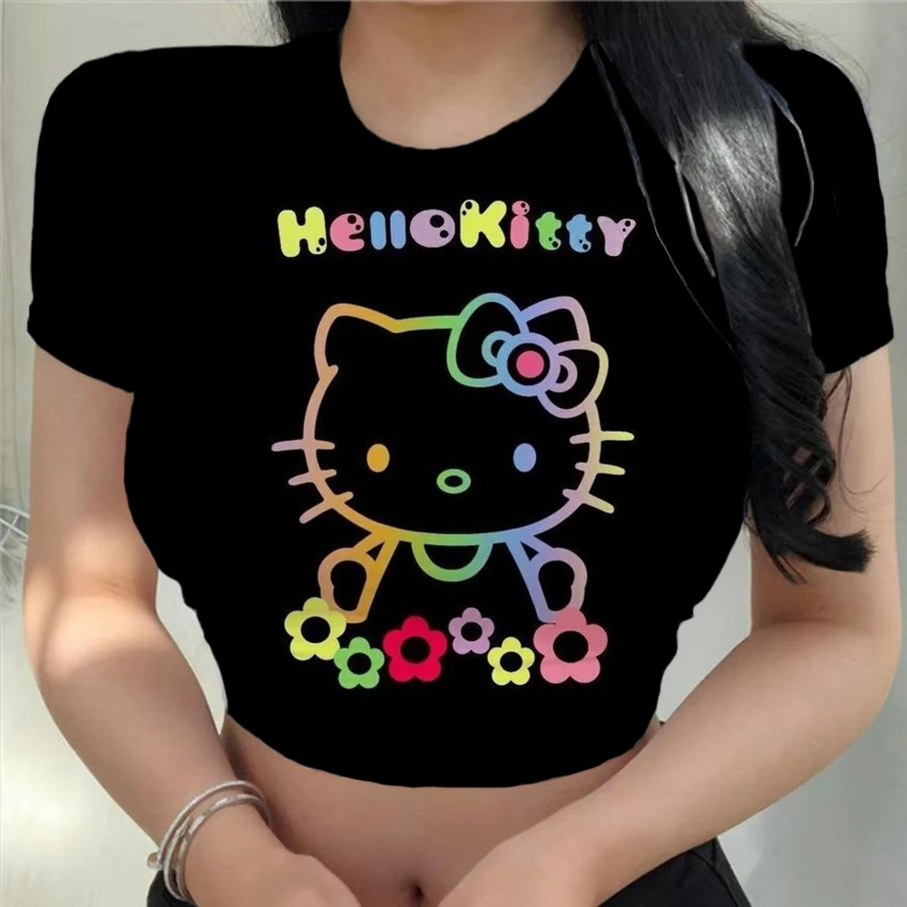 Hello Kitty short sleeved girls street clothing short top women's youth women's clothing Hello Kitty T-shirt women's exposed nav