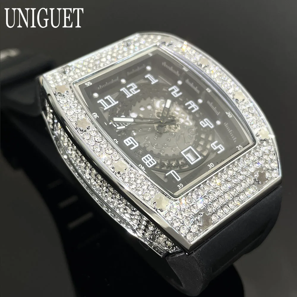 Hot Brand UNIGUET Iced Quartz Watch For Mens Sports Silicone Strap Watches Man Hip Hop Diamonds Tonneau Wristwatch Dropshipping