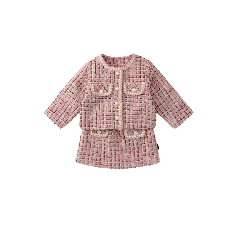 HoneyCherry Girls Clip Cotton Thickened Suit Winter New Baby Luxury Beaded Jacket Short Skirt Two-piece Set Kids Clothes Girls