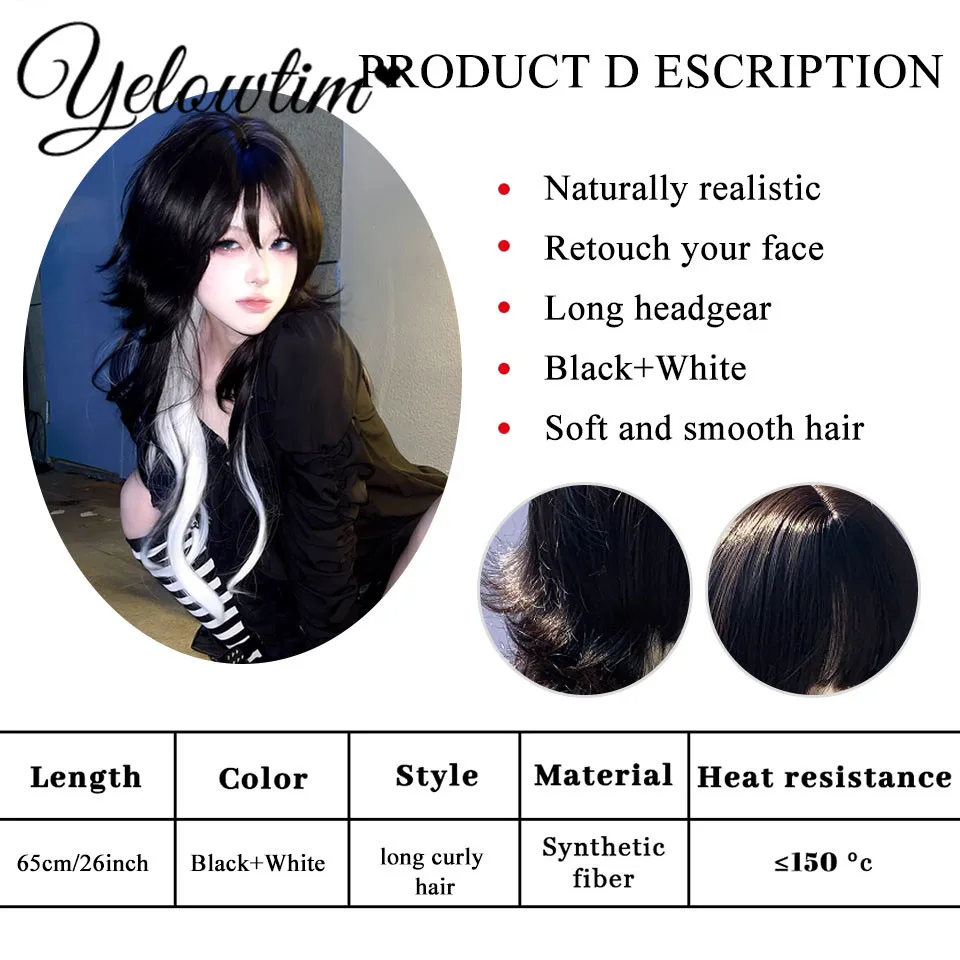 Synthetic Wig For Women With Long Curly Hair Subculture Anti Curling Black And White Gradient Gothic Punk Lolita Suitable daily