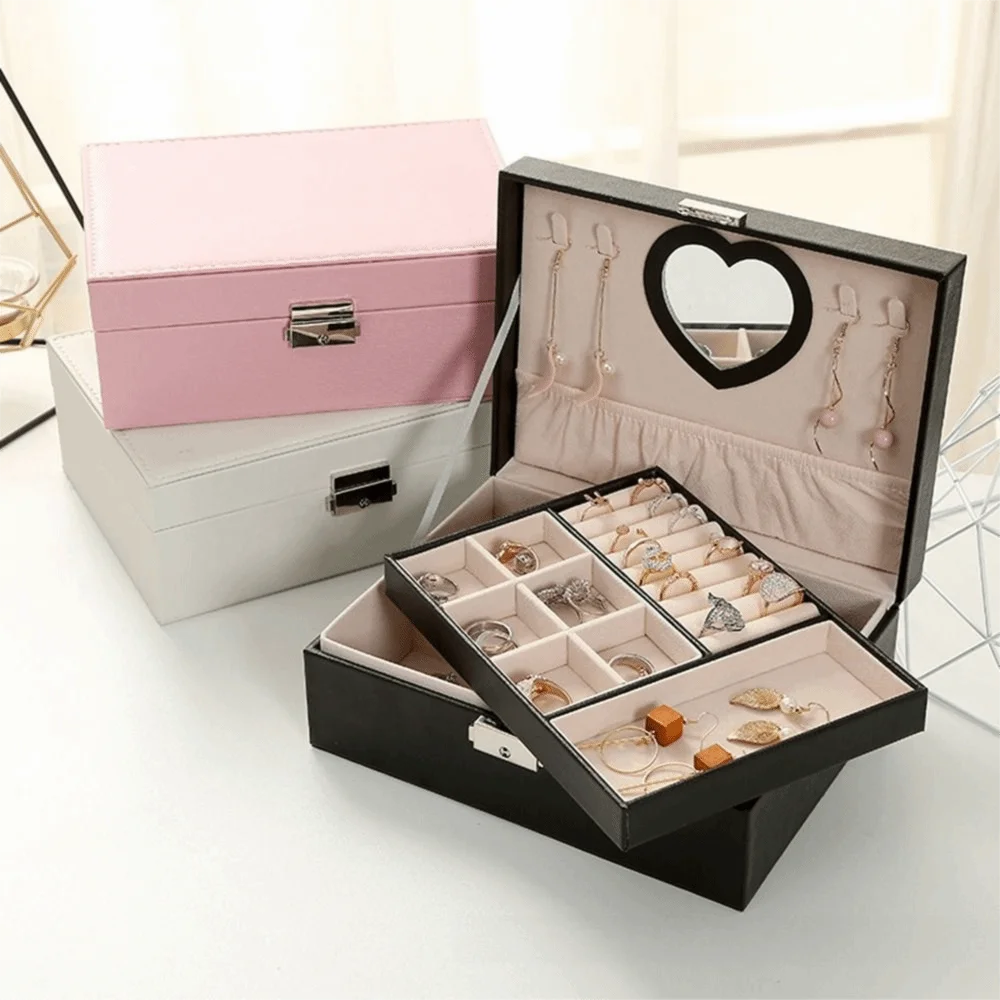

Multifunctional PU Double Layer Jewelry Box Dustproof Lockable Jewelry Storage Box Large Capacity Cosmetics Box Bracelets