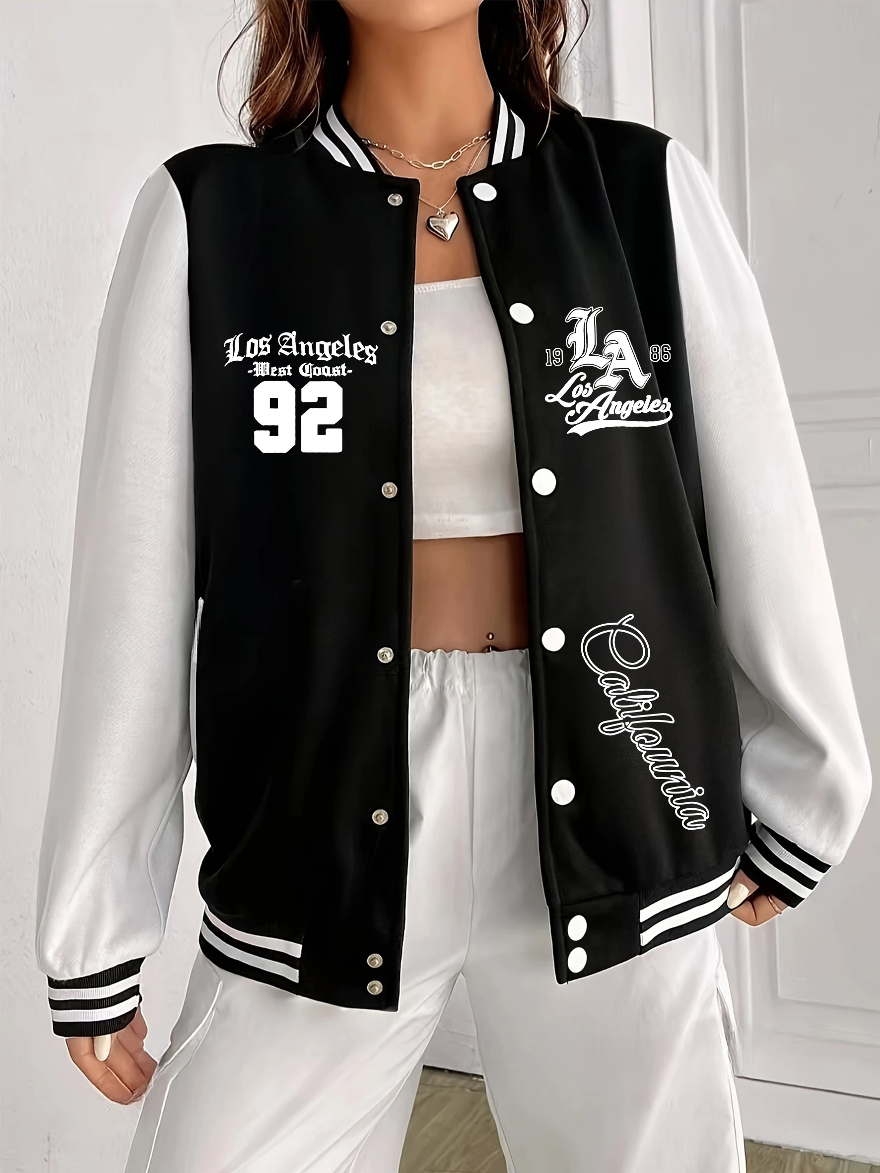 

Number 92 And Artistic Alphabet Prints Women Baseball Uniform Soft Pocket Jacket Hip Hop Loose Sportswear Autumn Fleece Clothes
