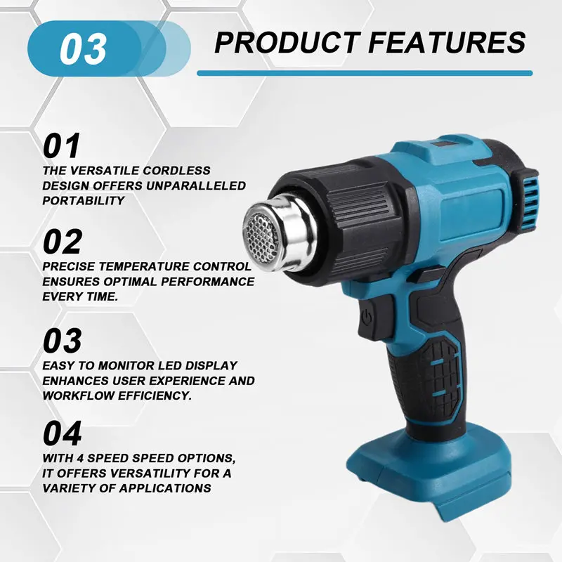 Pistolet thermique sans fil 540 ℃   Pistolet à Air chaud électrique, réglage de la température, affichage LED, vitesse du vent à 4 vitesses, pour batterie 18V