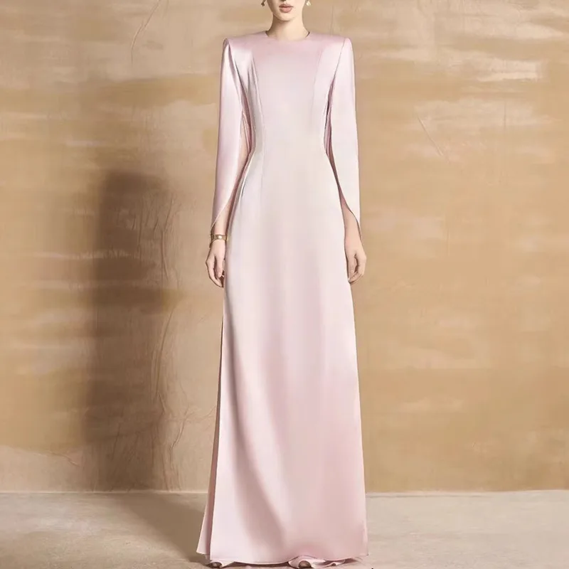 QMQA Mode dames elegante avond satijnen splitjurk eenvoudige effen kleur lange mouwen jurken 2025, nieuwe herfstkleding QM755