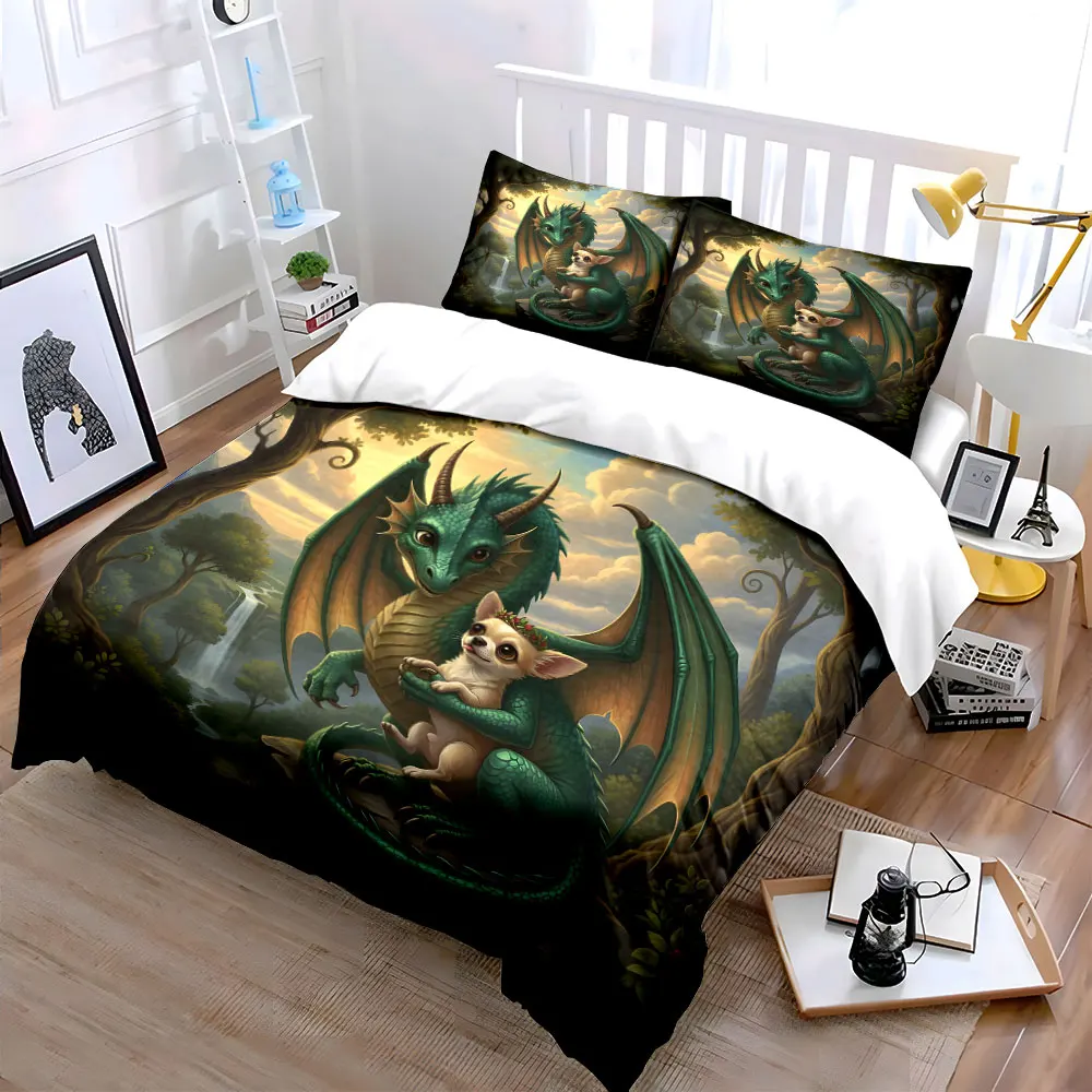 Dragon and crowned dog in forest Pattern Duvet Cover Set Digital Print Colorful Polyester Bedding with Zipper Closur for gifts