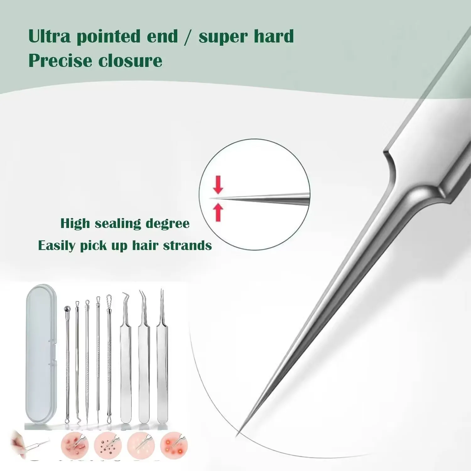 プロ仕様の8ピースステンレス製黒ずみ除去キット、精密ピンセット、白ニキビ、ニキビに優しい。