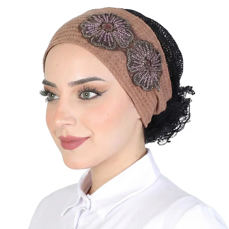

Кружевные тюрбаны-шапочки с цветочным узором для женщин, мусульманские головные платки, исламские головные уборы, дышащие летние шапки для женщин