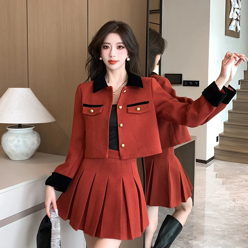 Casaco curto feminino e mini conjunto de saia linha A, senhora casual do escritório, elegante, novo designer, outono, inverno, 2 peças