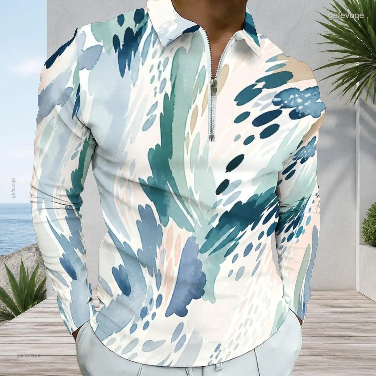 Men Blue Teal Pale Pink Off-white Abstract Watercolor Brushstroke Printed Quarter Zip Long Sleeve Polo Shirt