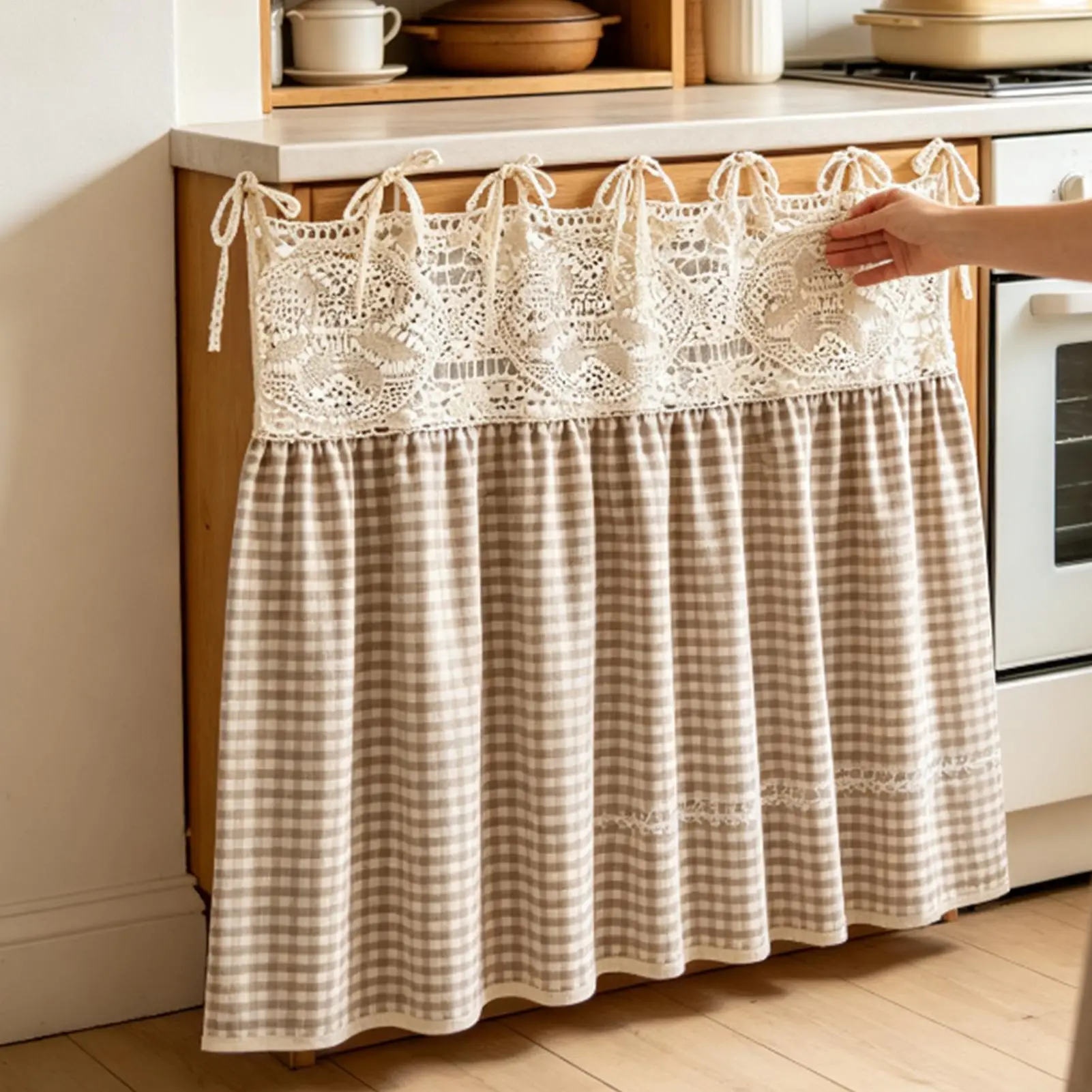 1PC Farmhouse Oven Skirt Ruffled Ribbon Tie Oven Curtain Gingham Plaid Stove Cover 77x55cm Cabinet Panel Privacy Screen