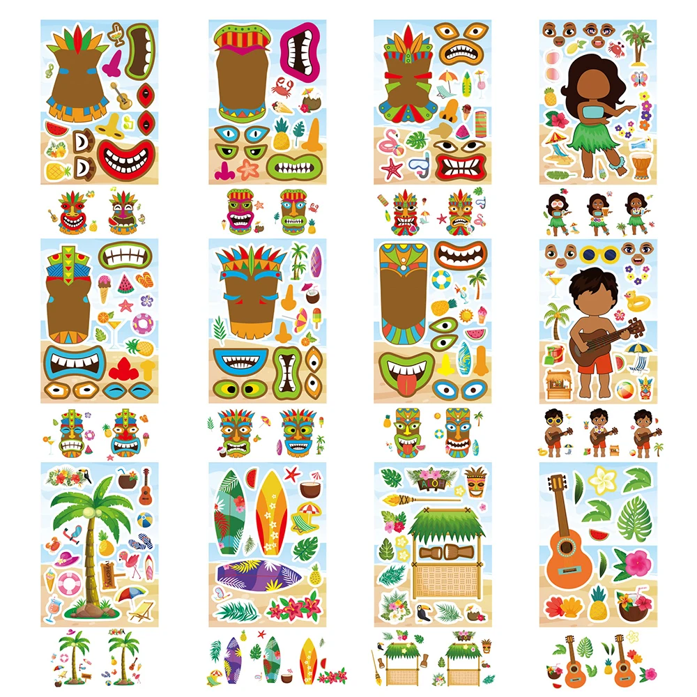 6/12Sheets Cartoon Hawaii Make a Face Puzzle Stickers DIY Assemble Funny Cartoon Decal Assemble Jigsaw Children Sticker Toys