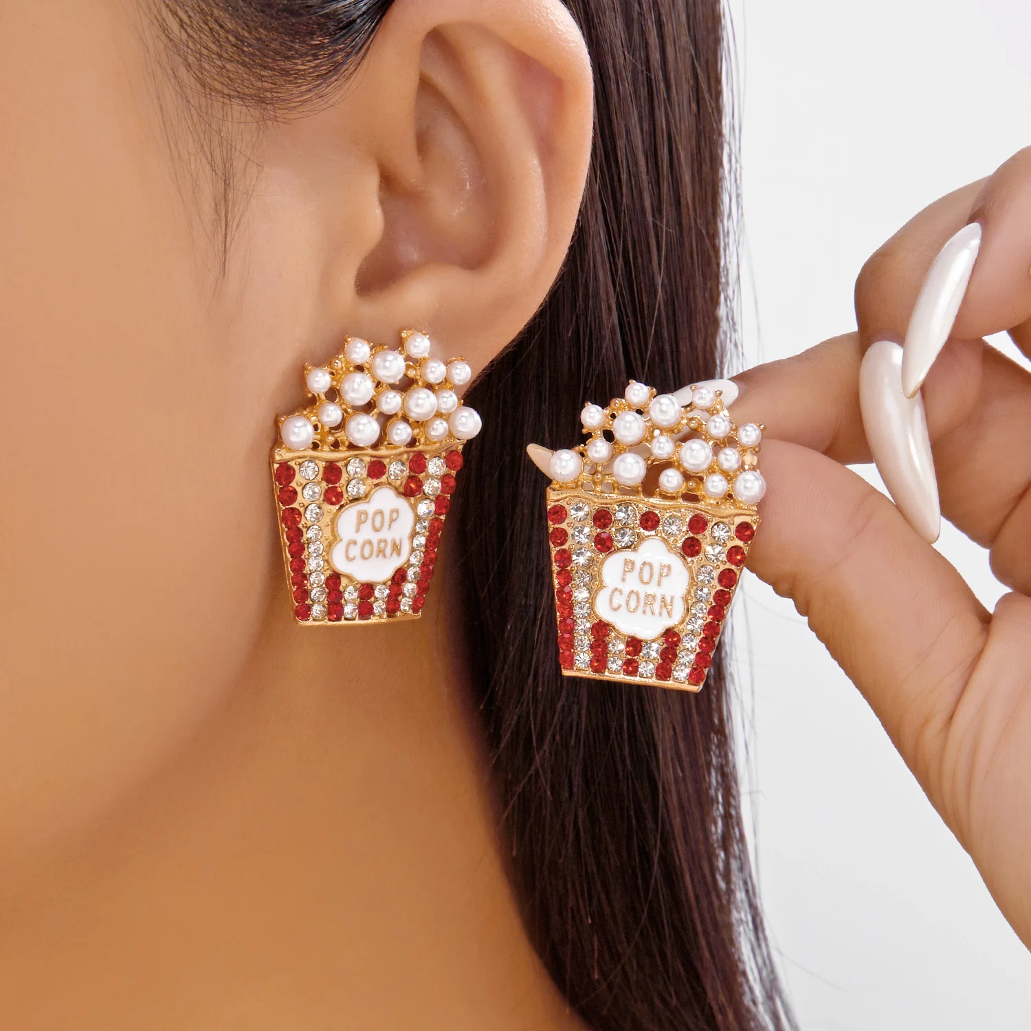 

Cute Rhinestone Beaded Popcorn Stud Earrings for Women Exquisite Imitation Pearl Food Creative Earring Holiday Party Jewelry