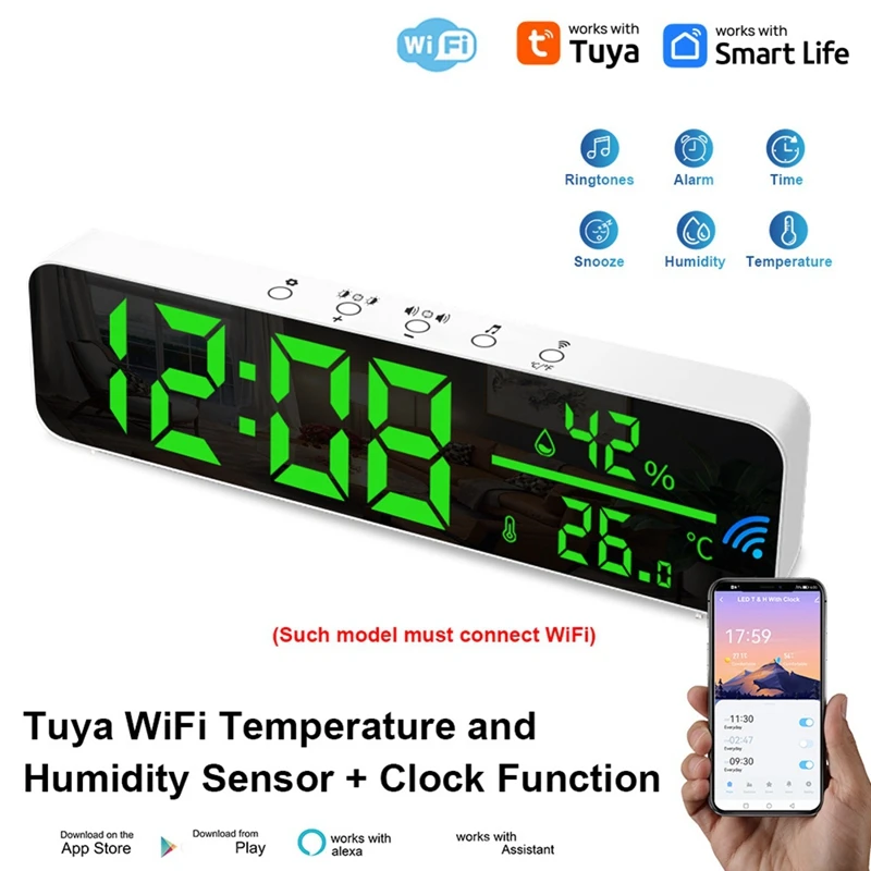 Tuya Wifi Temperature And Humidity Alarm Clock Multi-Function LED Digital Clock For Living Room, Farmhouse, Office