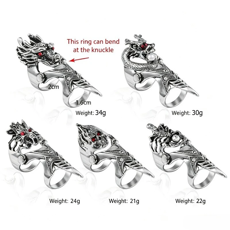 Gothic Dragon Full Finger Armor Ring Vintage Metal Movable Joint Ring Punk Red Crystal Dragon Claw Knuckle Ring for Men Women