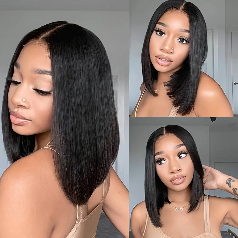 10-12inch natural black color 150% density daily party use wig 13×4 frontal lace human hair wig short straight bob remy hair wig